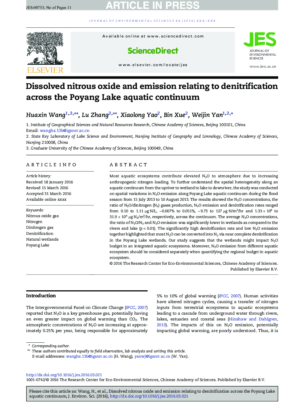 Dissolved nitrous oxide and emission relating to denitrification across the Poyang Lake aquatic continuum