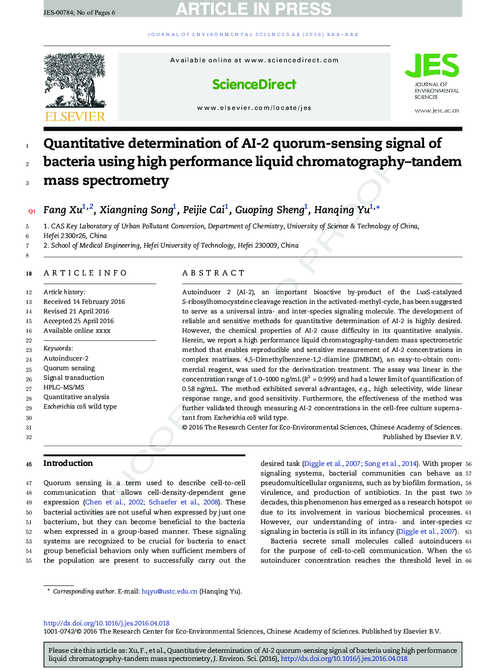 Quantitative determination of AI-2 quorum-sensing signal of bacteria using high performance liquid chromatography-tandem mass spectrometry