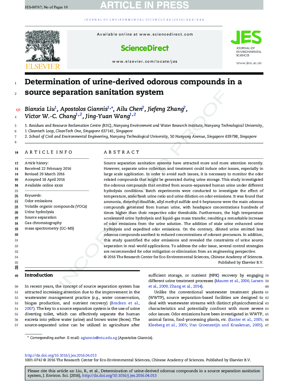 Determination of urine-derived odorous compounds in a source separation sanitation system