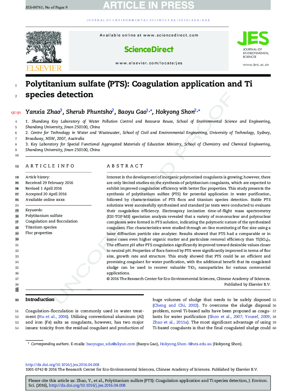 Polytitanium sulfate (PTS): Coagulation application and Ti species detection