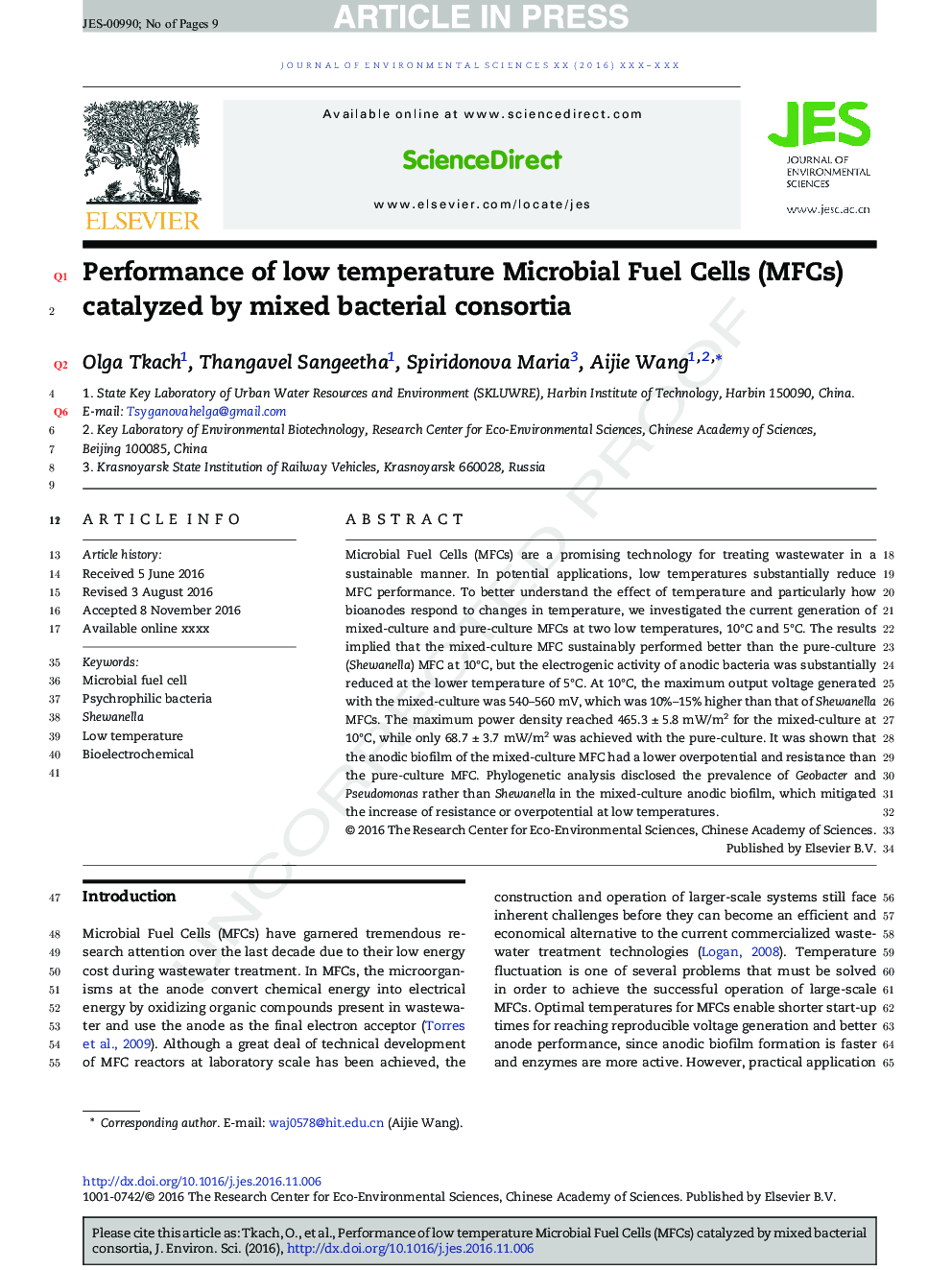 Performance of low temperature Microbial Fuel Cells (MFCs) catalyzed by mixed bacterial consortia