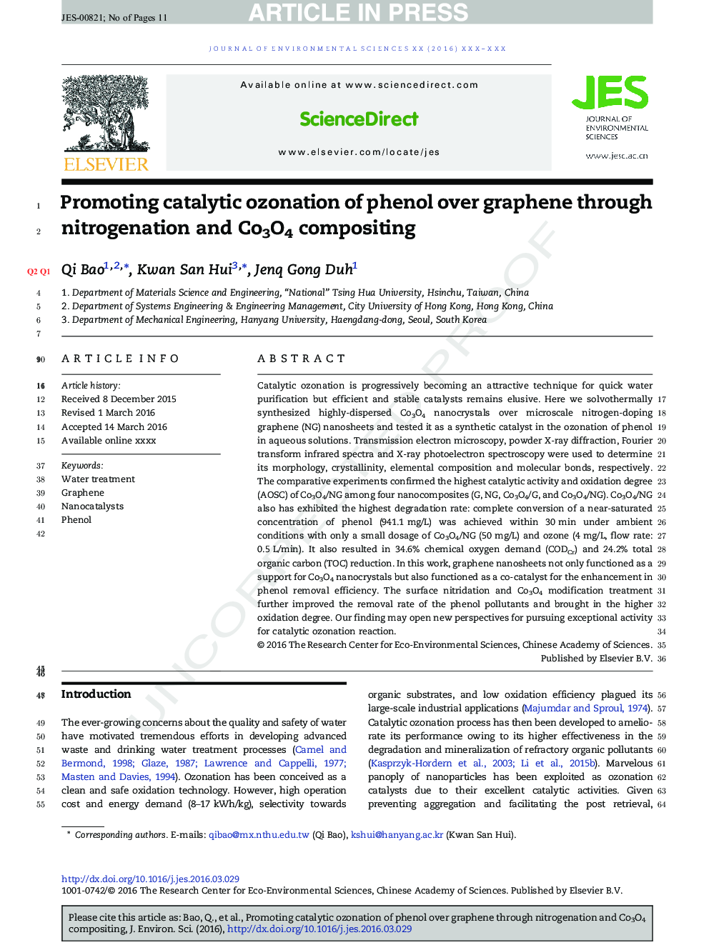 Promoting catalytic ozonation of phenol over graphene through nitrogenation and Co3O4 compositing