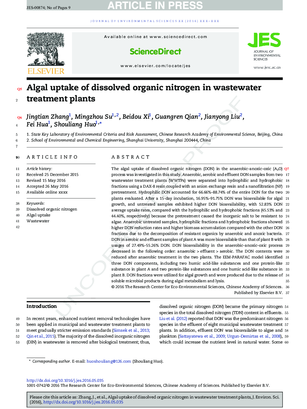 Algal uptake of dissolved organic nitrogen in wastewater treatment plants