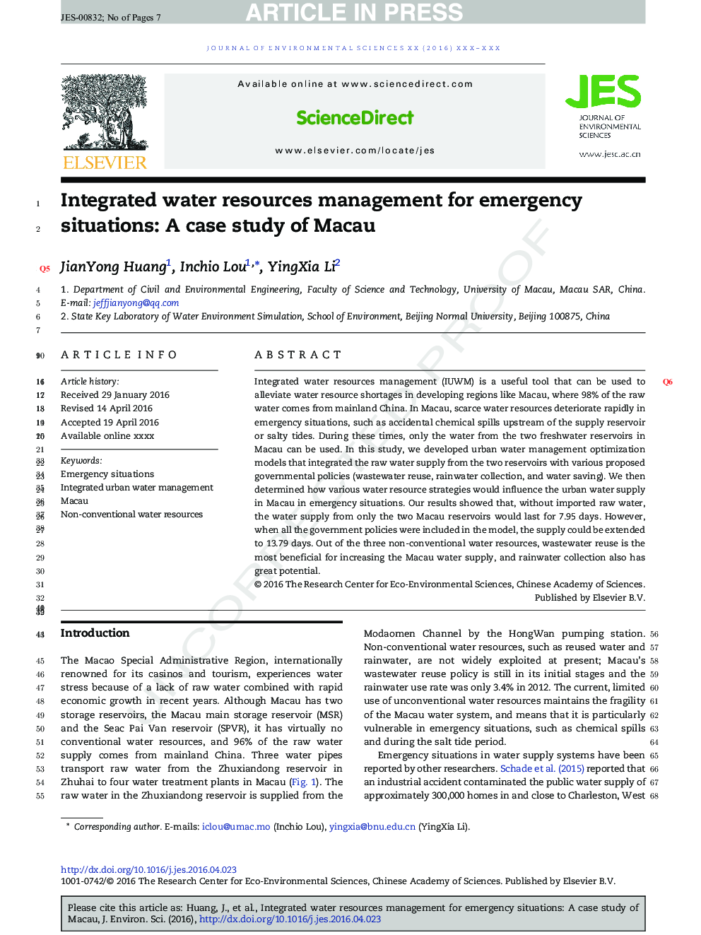 Integrated water resources management for emergency situations: A case study of Macau