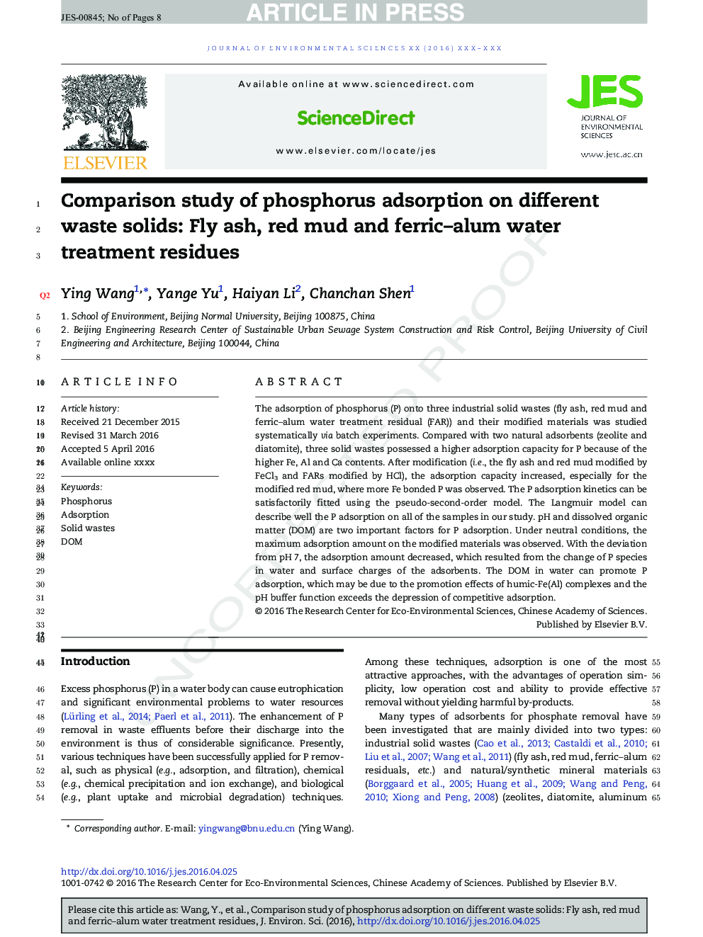 Comparison study of phosphorus adsorption on different waste solids: Fly ash, red mud and ferric-alum water treatment residues