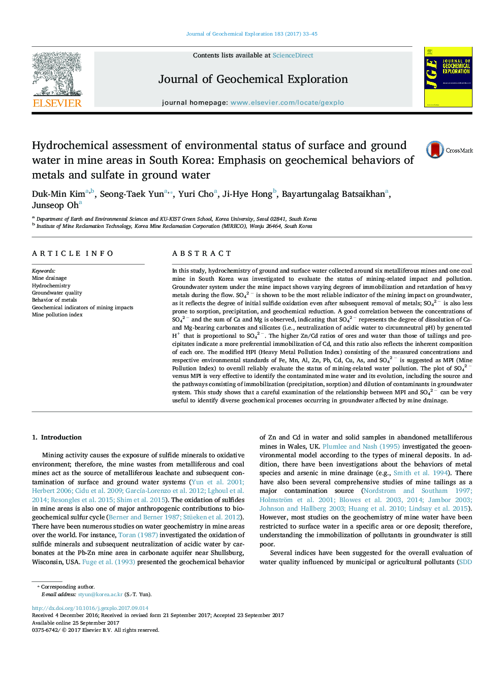 ارزیابی هیدرو شیمیایی وضعیت زیست محیطی آبهای سطحی و زمین در مناطق معدن کره جنوبی: تاکید بر رفتار ژئوشیمیایی فلزات و سولفات در آب های زیرزمینی 