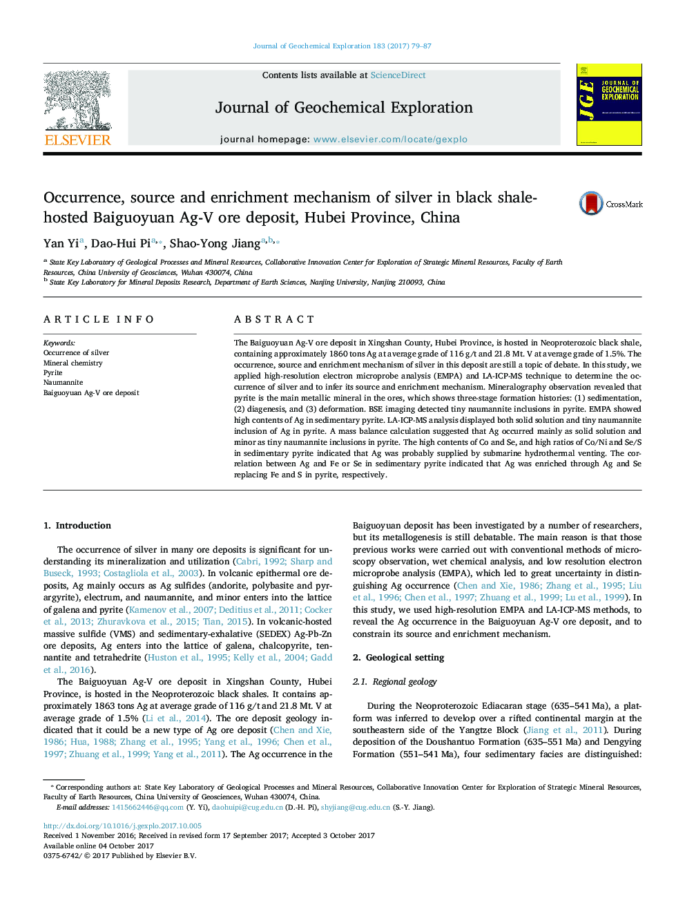 Occurrence, source and enrichment mechanism of silver in black shale-hosted Baiguoyuan Ag-V ore deposit, Hubei Province, China