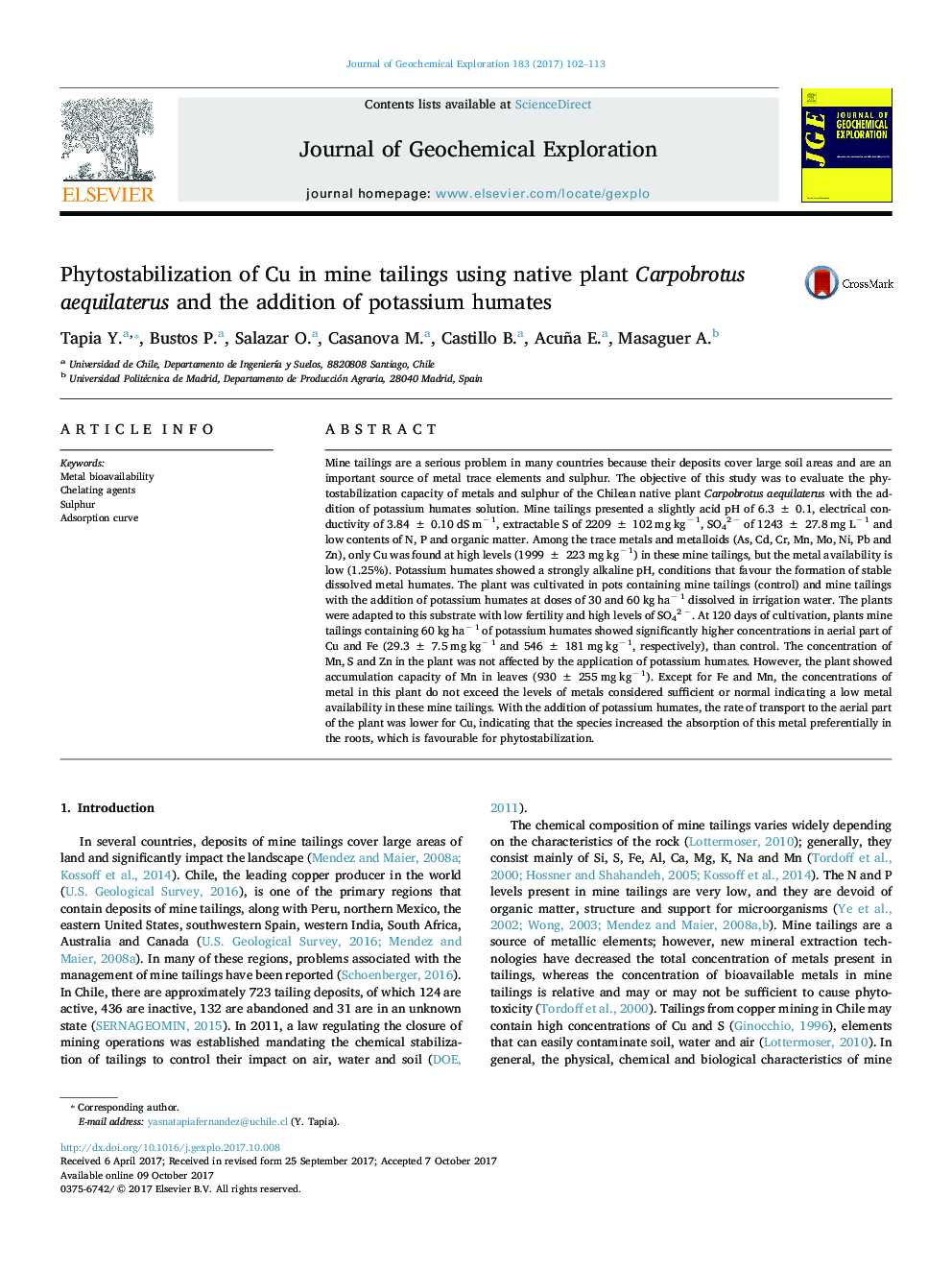 Phytostabilization of Cu in mine tailings using native plant Carpobrotus aequilaterus and the addition of potassium humates