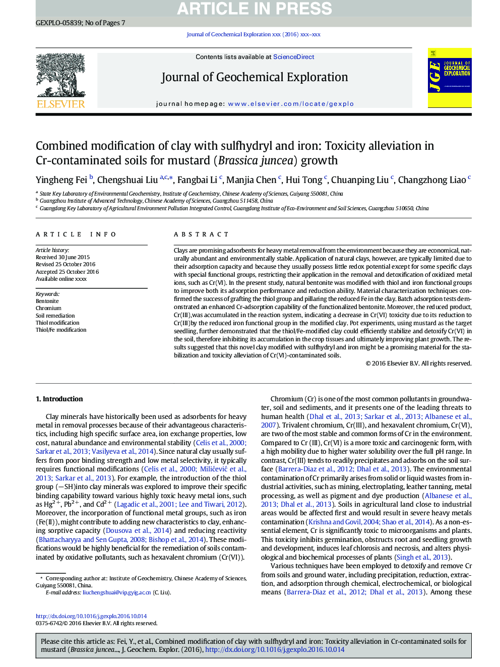 Combined modification of clay with sulfhydryl and iron: Toxicity alleviation in Cr-contaminated soils for mustard (Brassica juncea) growth