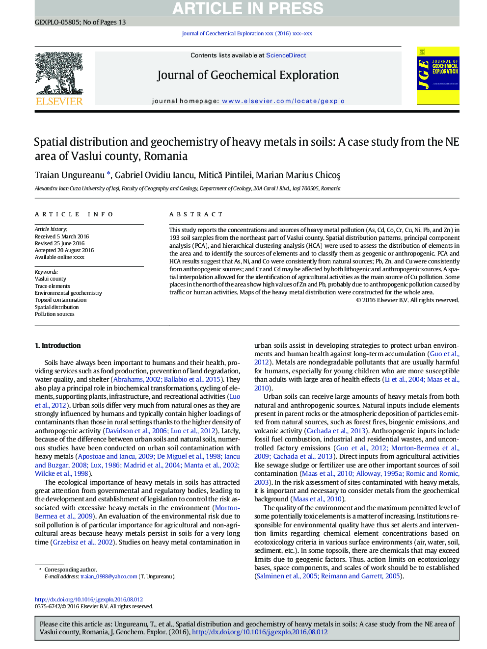 Spatial distribution and geochemistry of heavy metals in soils: A case study from the NE area of Vaslui county, Romania