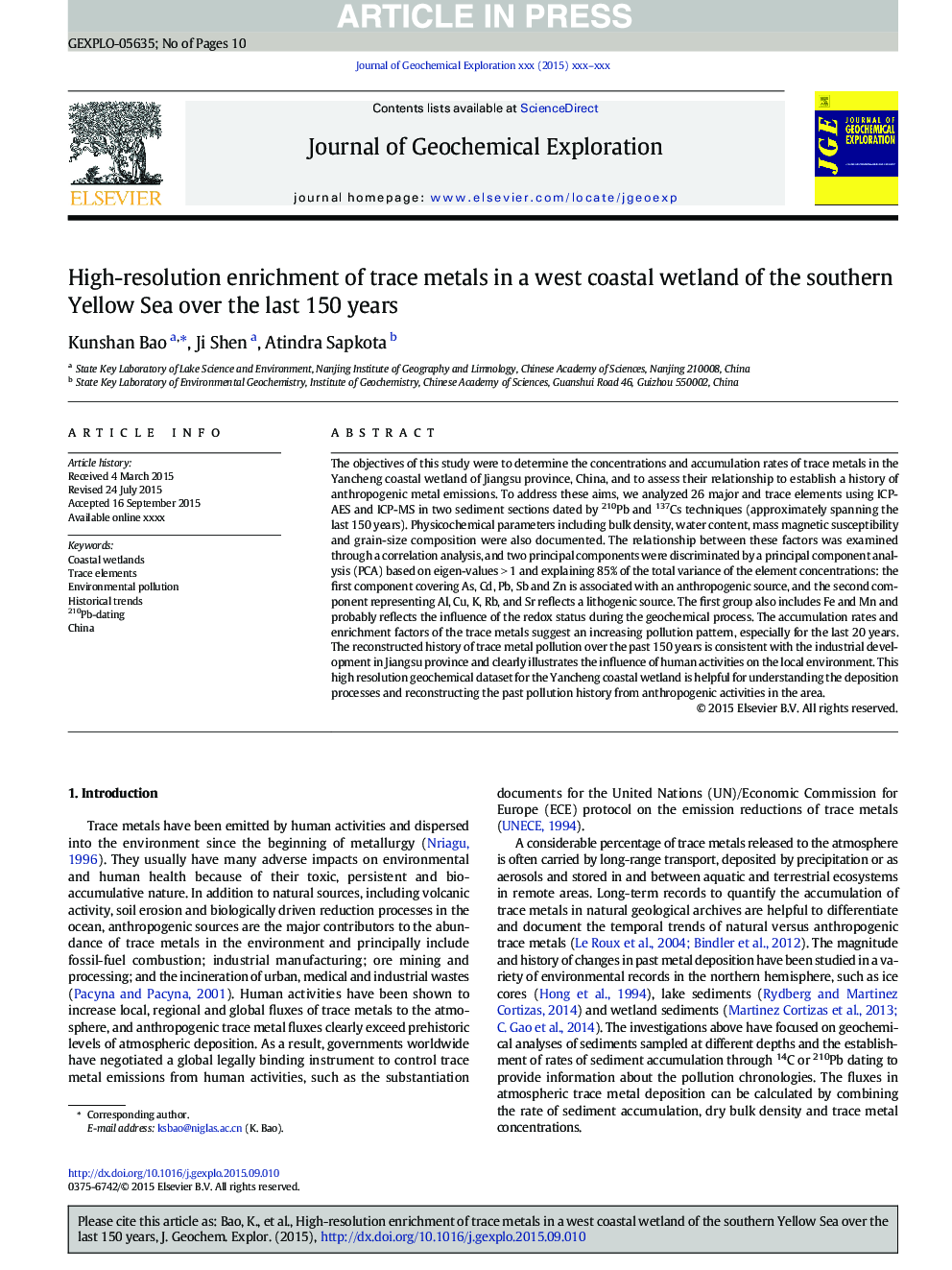 High-resolution enrichment of trace metals in a west coastal wetland of the southern Yellow Sea over the last 150Â years