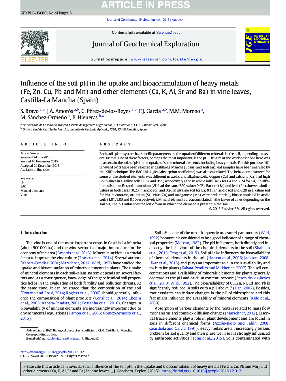 Influence of the soil pH in the uptake and bioaccumulation of heavy metals (Fe, Zn, Cu, Pb and Mn) and other elements (Ca, K, Al, Sr and Ba) in vine leaves, Castilla-La Mancha (Spain)