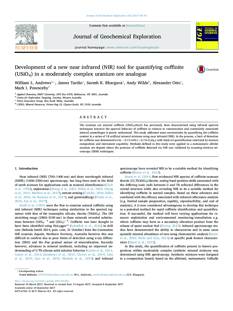 Development of a new near infrared (NIR) tool for quantifying coffinite (USiO4) in a moderately complex uranium ore analogue
