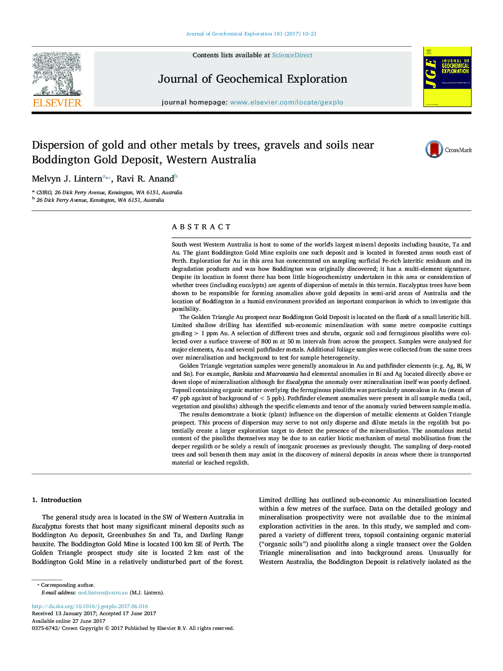 Dispersion of gold and other metals by trees, gravels and soils near Boddington Gold Deposit, Western Australia