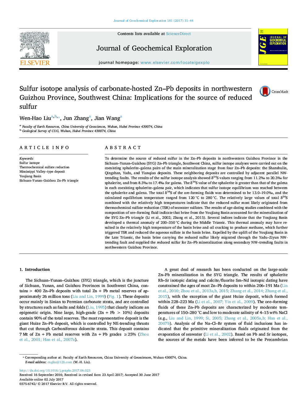 Sulfur isotope analysis of carbonate-hosted Zn-Pb deposits in northwestern Guizhou Province, Southwest China: Implications for the source of reduced sulfur