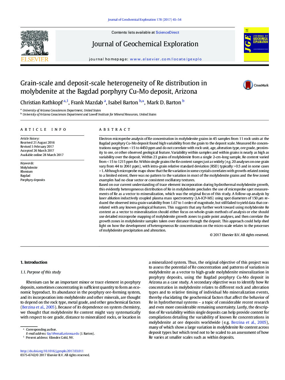 Grain-scale and deposit-scale heterogeneity of Re distribution in molybdenite at the Bagdad porphyry Cu-Mo deposit, Arizona