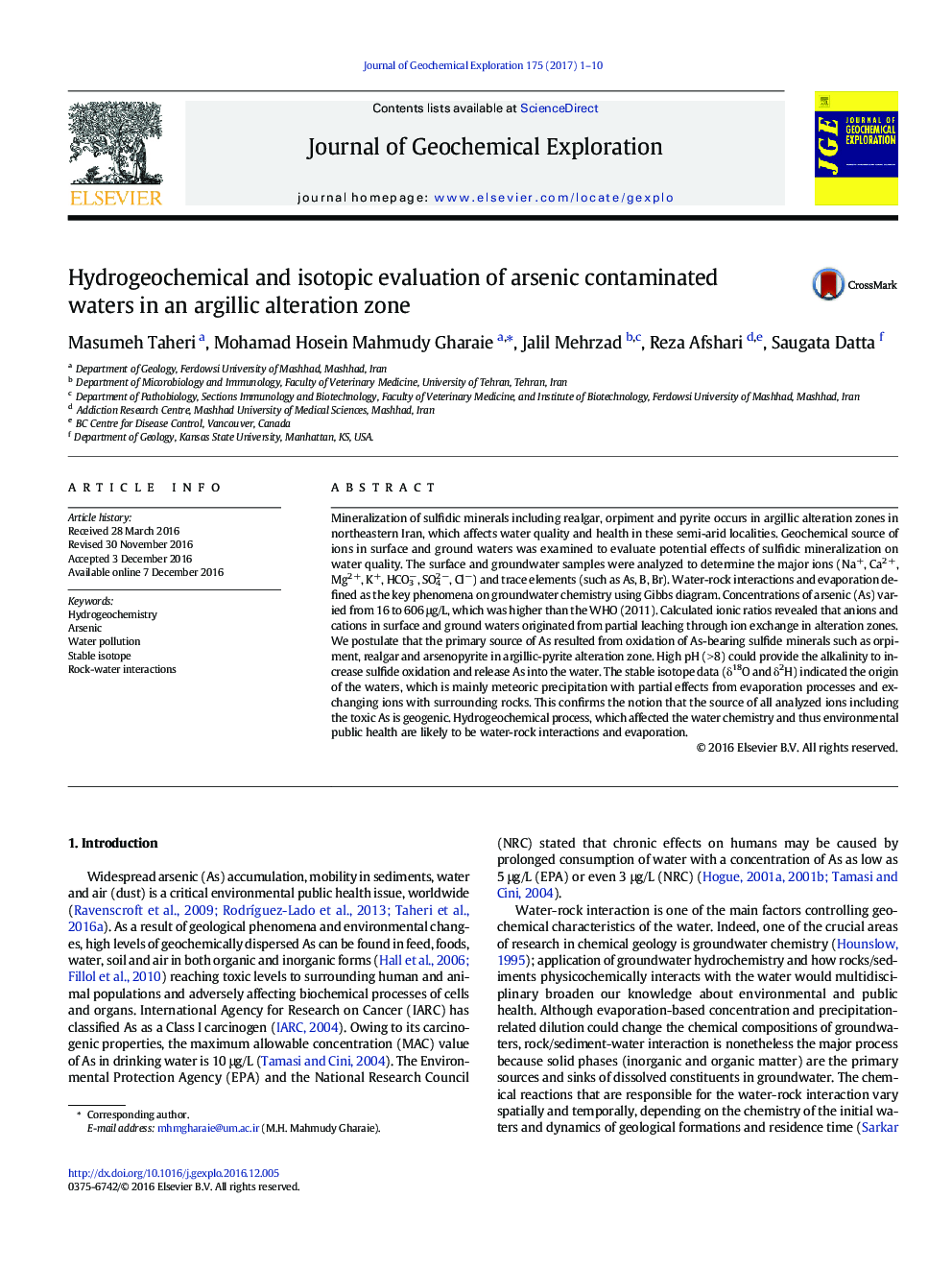 ارزیابی هیدروژئوشیمیایی و ایزوتوپ آبهای آلوده به آرسنیک در یک منطقه دگرگونی آرگولی 