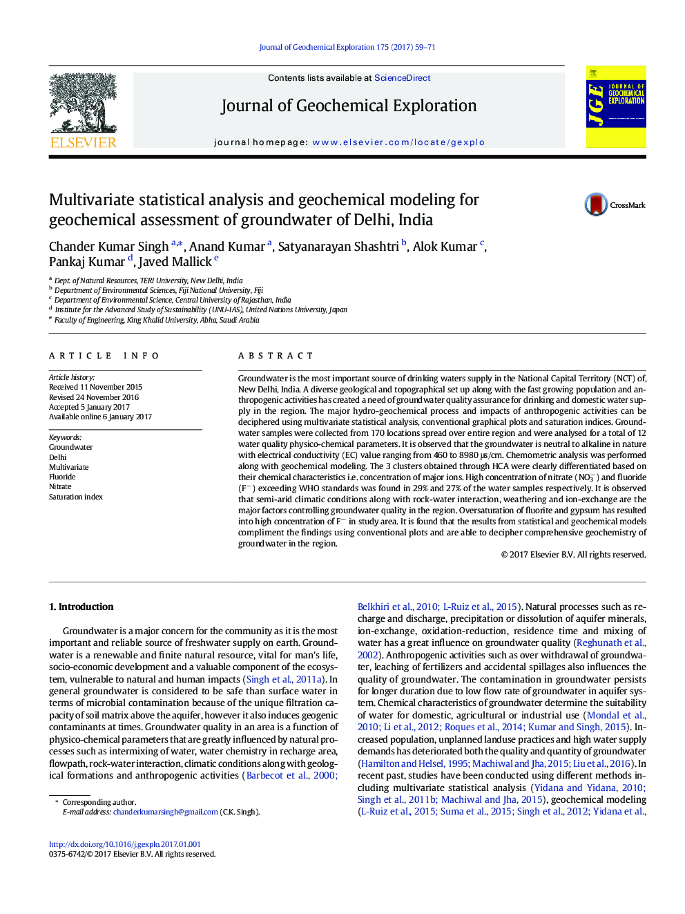 Multivariate statistical analysis and geochemical modeling for geochemical assessment of groundwater of Delhi, India