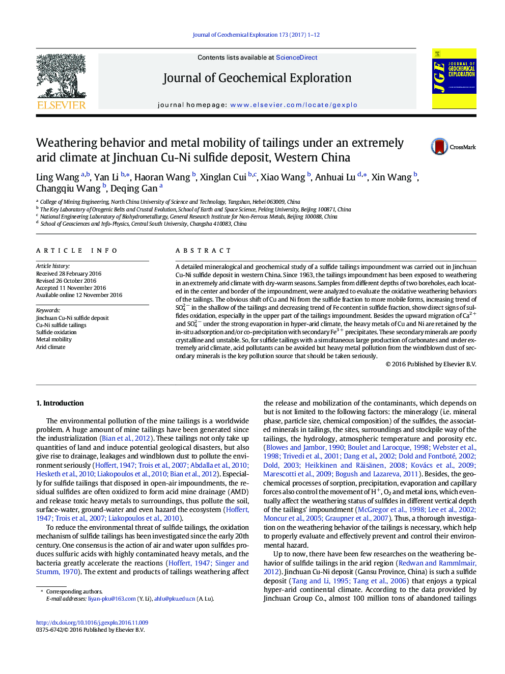 Weathering behavior and metal mobility of tailings under an extremely arid climate at Jinchuan Cu-Ni sulfide deposit, Western China