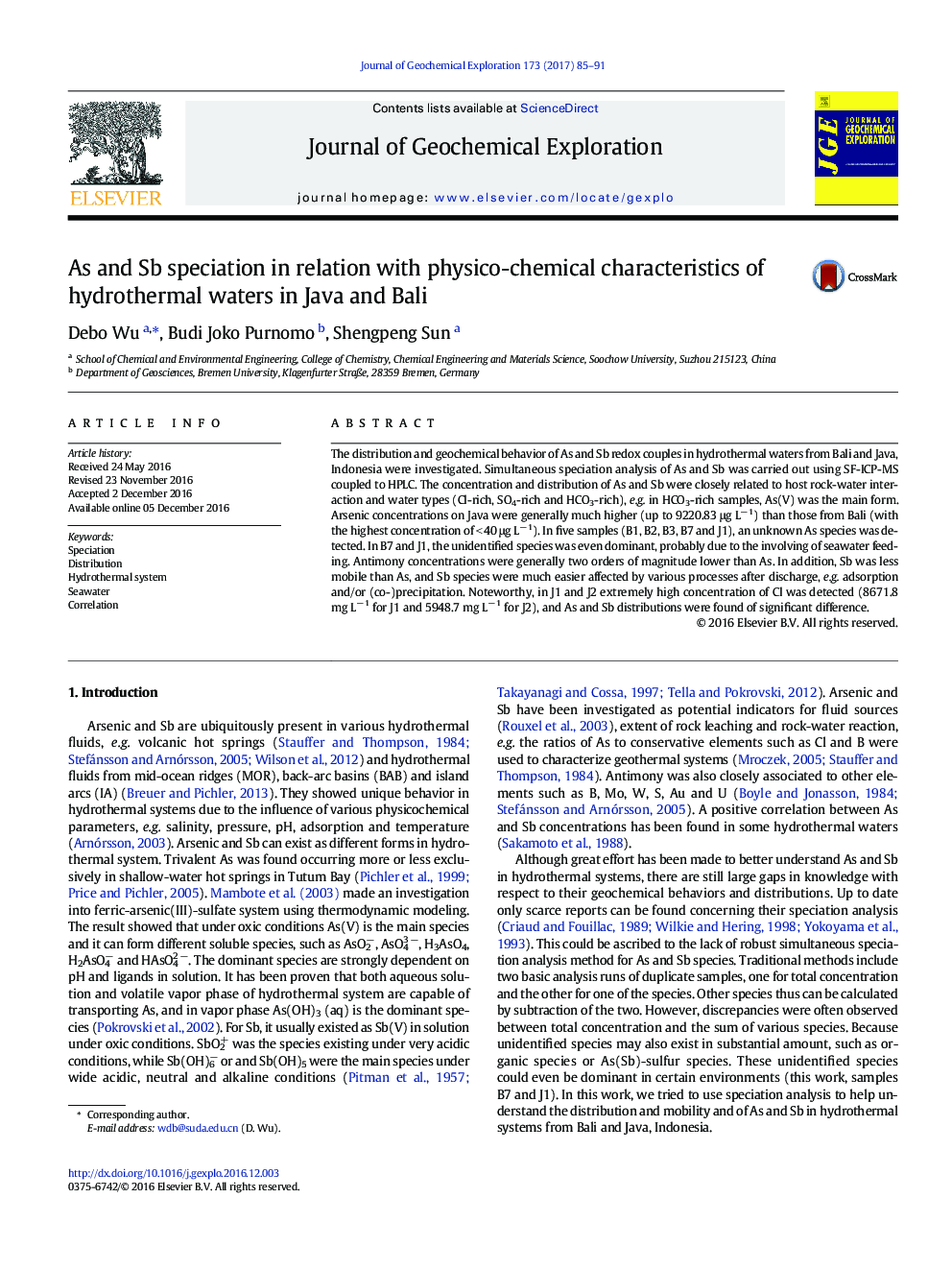 As and Sb speciation in relation with physico-chemical characteristics of hydrothermal waters in Java and Bali