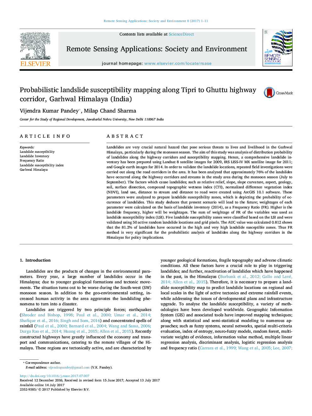 Probabilistic landslide susceptibility mapping along Tipri to Ghuttu highway corridor, Garhwal Himalaya (India)