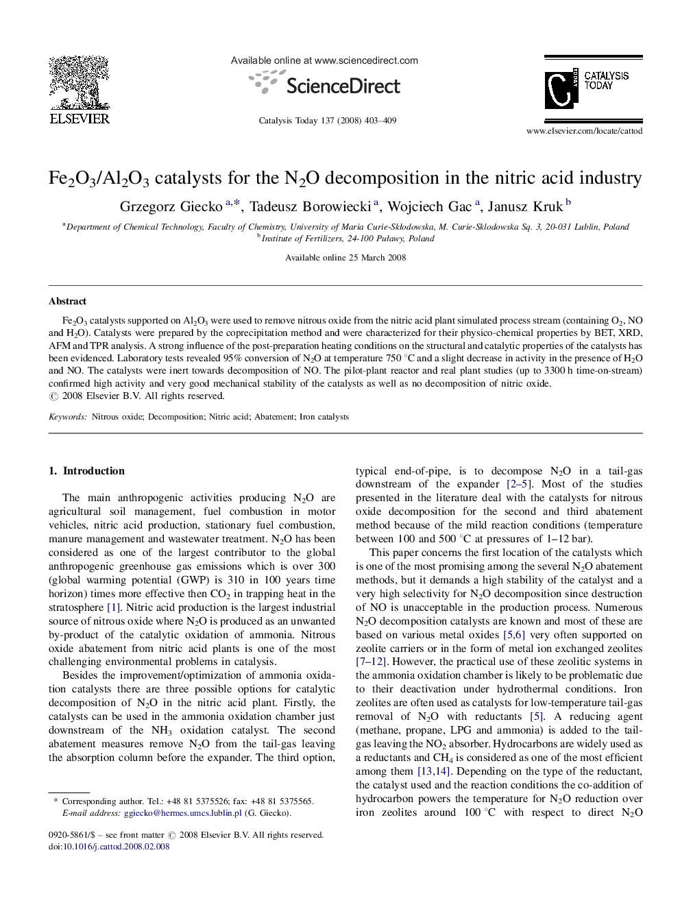 Fe2O3/Al2O3 catalysts for the N2O decomposition in the nitric acid industry