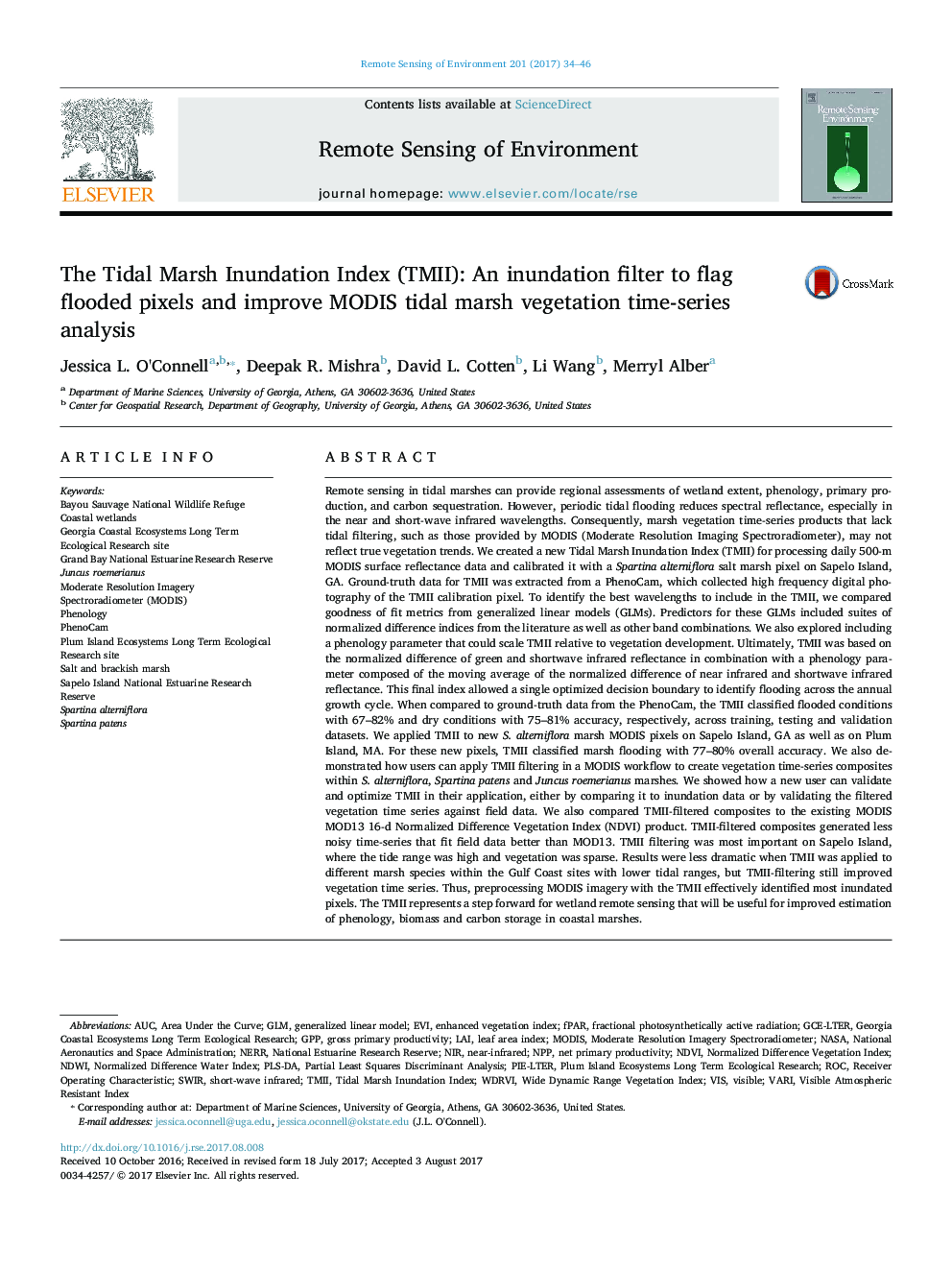 The Tidal Marsh Inundation Index (TMII): An inundation filter to flag flooded pixels and improve MODIS tidal marsh vegetation time-series analysis