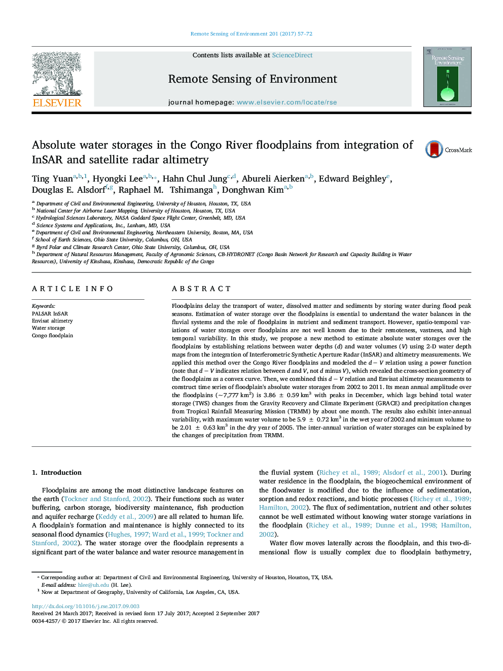 Absolute water storages in the Congo River floodplains from integration of InSAR and satellite radar altimetry