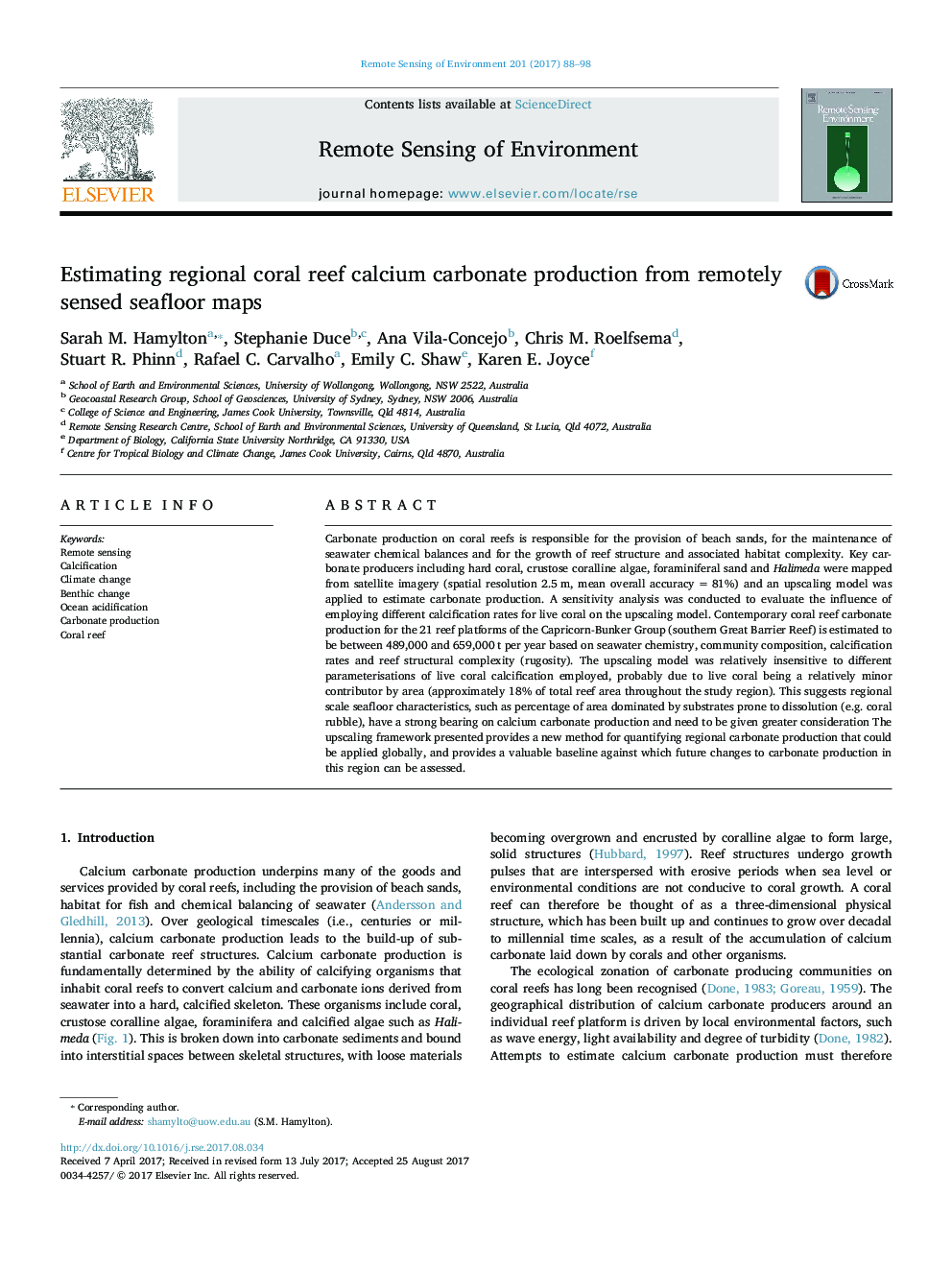 Estimating regional coral reef calcium carbonate production from remotely sensed seafloor maps