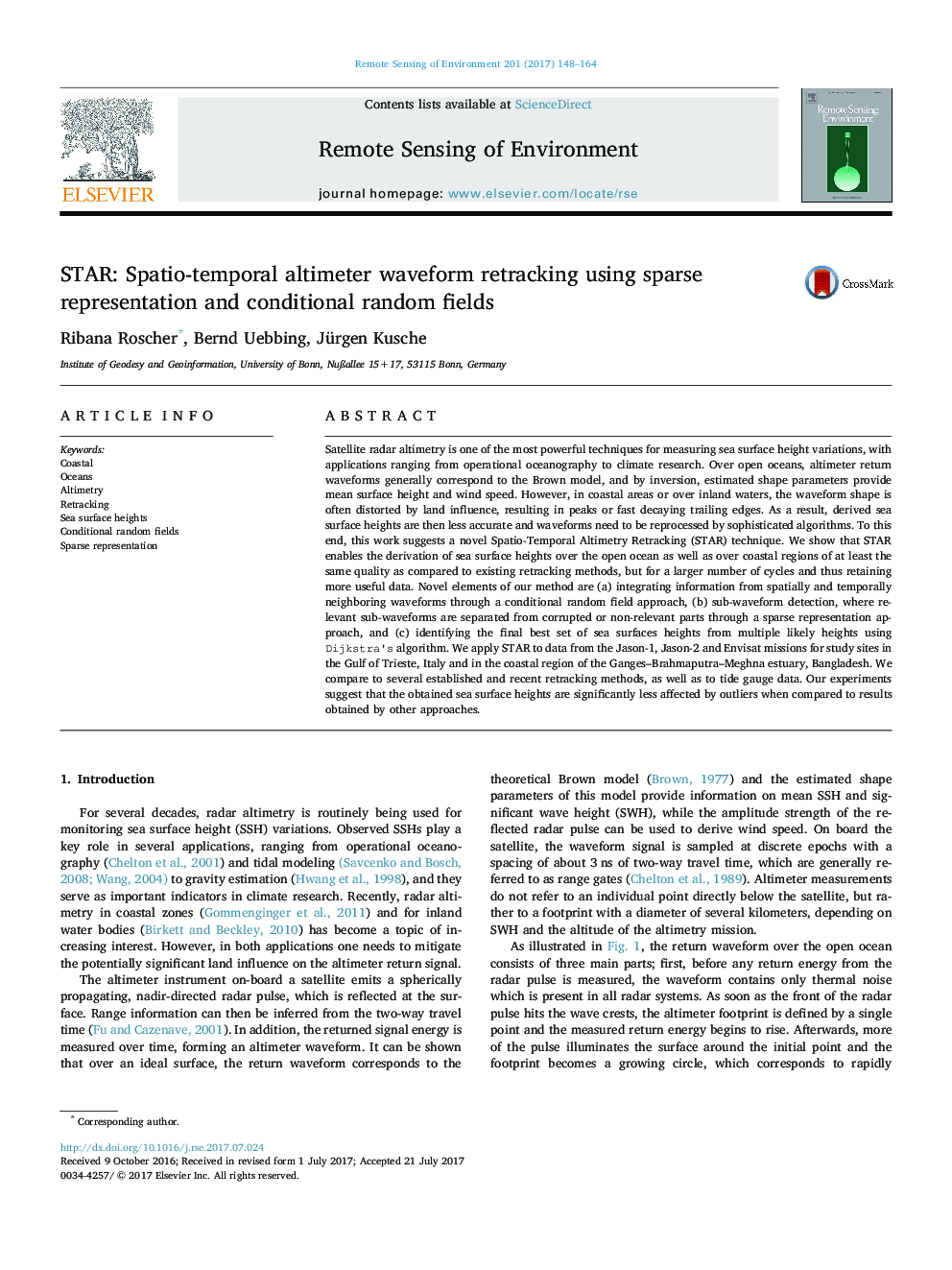 STAR: Spatio-temporal altimeter waveform retracking using sparse representation and conditional random fields