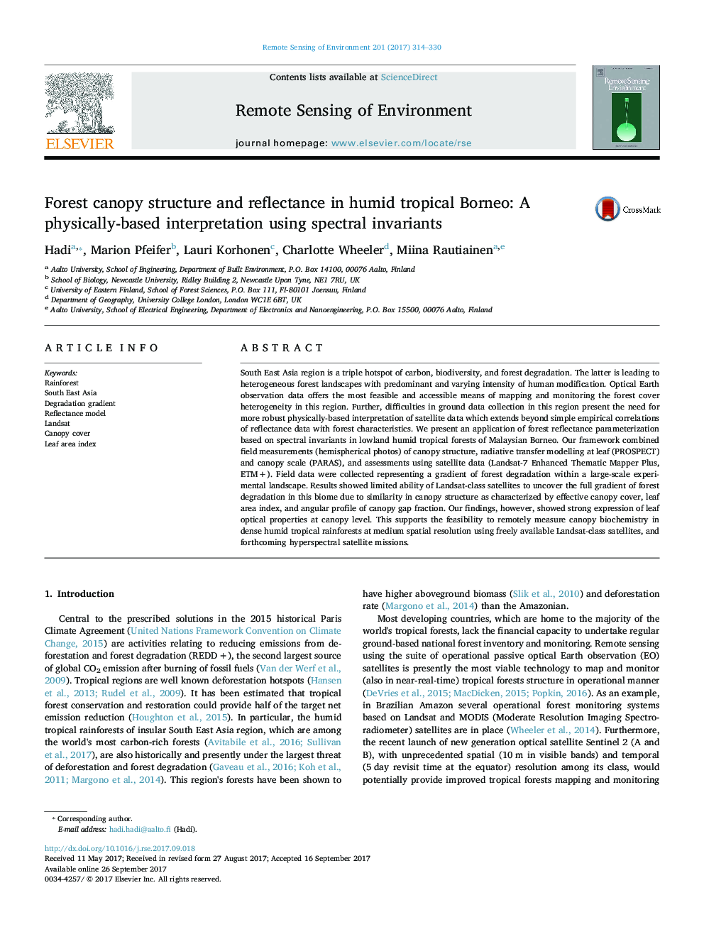 Forest canopy structure and reflectance in humid tropical Borneo: A physically-based interpretation using spectral invariants