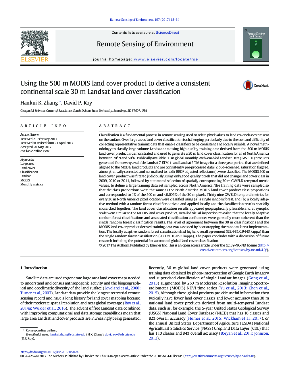 Using the 500Â m MODIS land cover product to derive a consistent continental scale 30Â m Landsat land cover classification