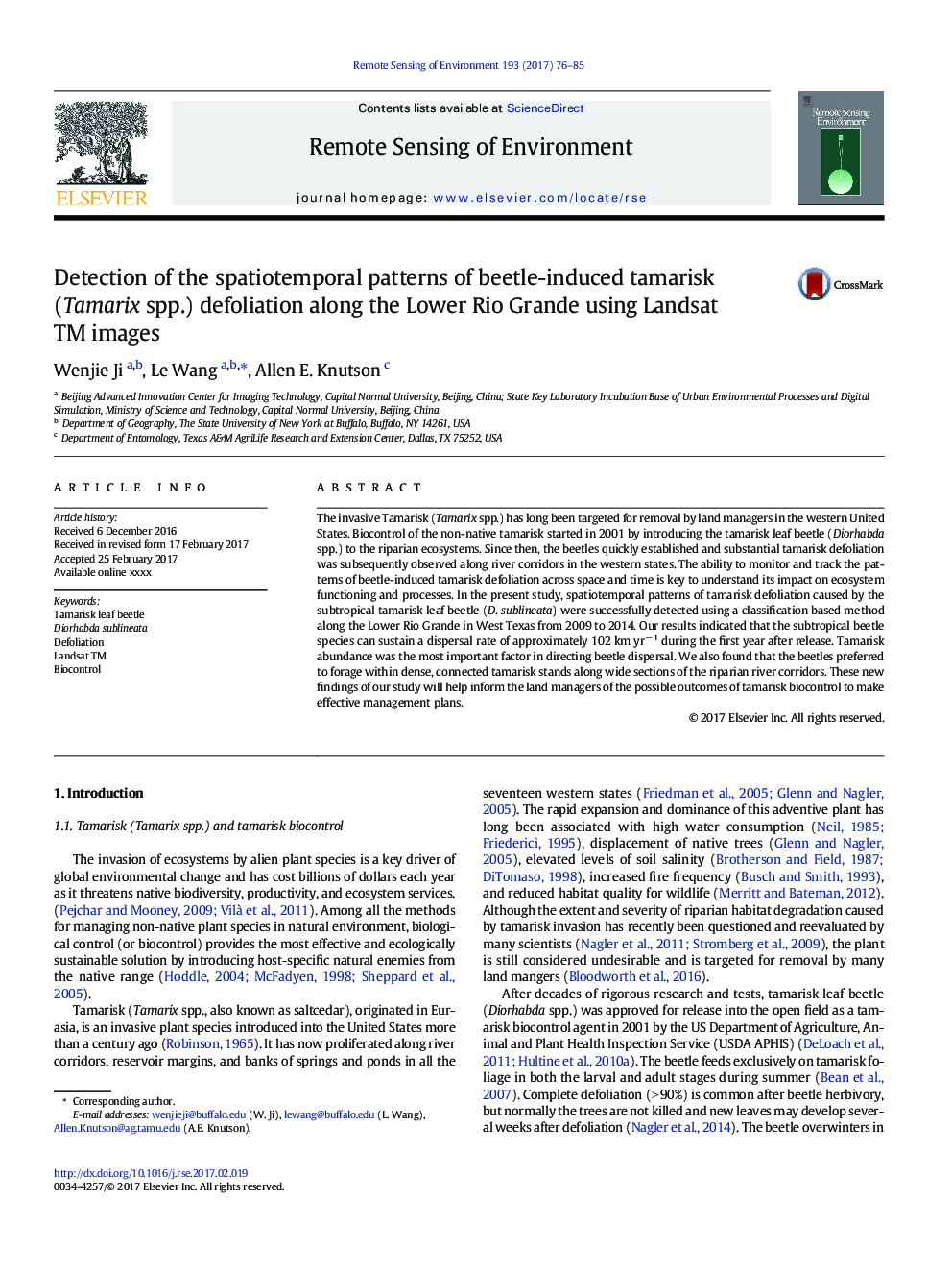 Detection of the spatiotemporal patterns of beetle-induced tamarisk (Tamarix spp.) defoliation along the Lower Rio Grande using Landsat TM images