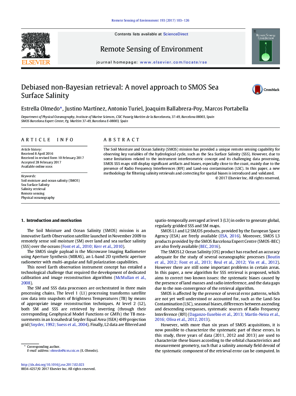 Debiased non-Bayesian retrieval: A novel approach to SMOS Sea Surface Salinity