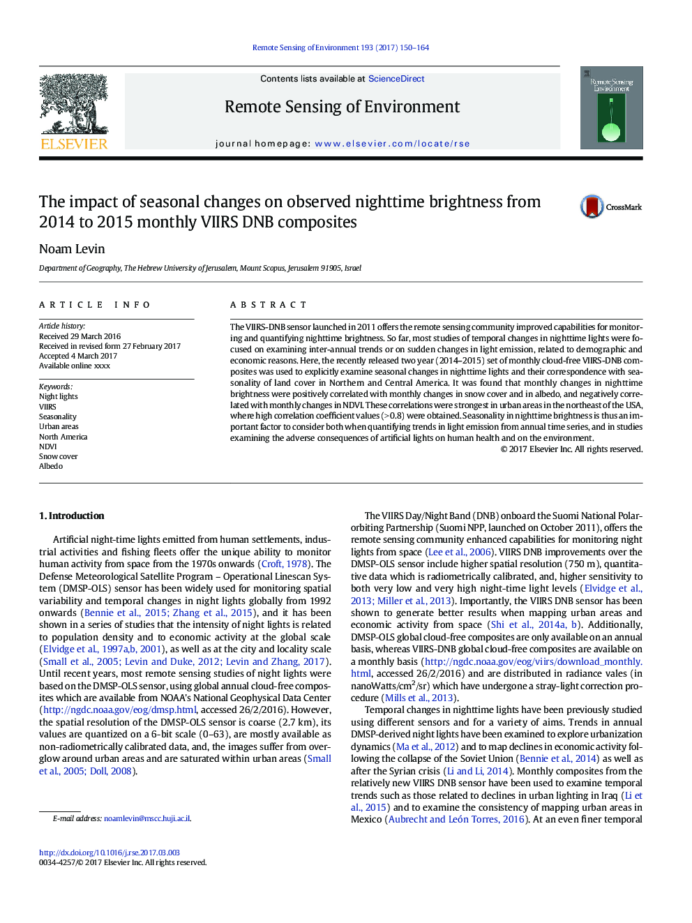 The impact of seasonal changes on observed nighttime brightness from 2014 to 2015 monthly VIIRS DNB composites