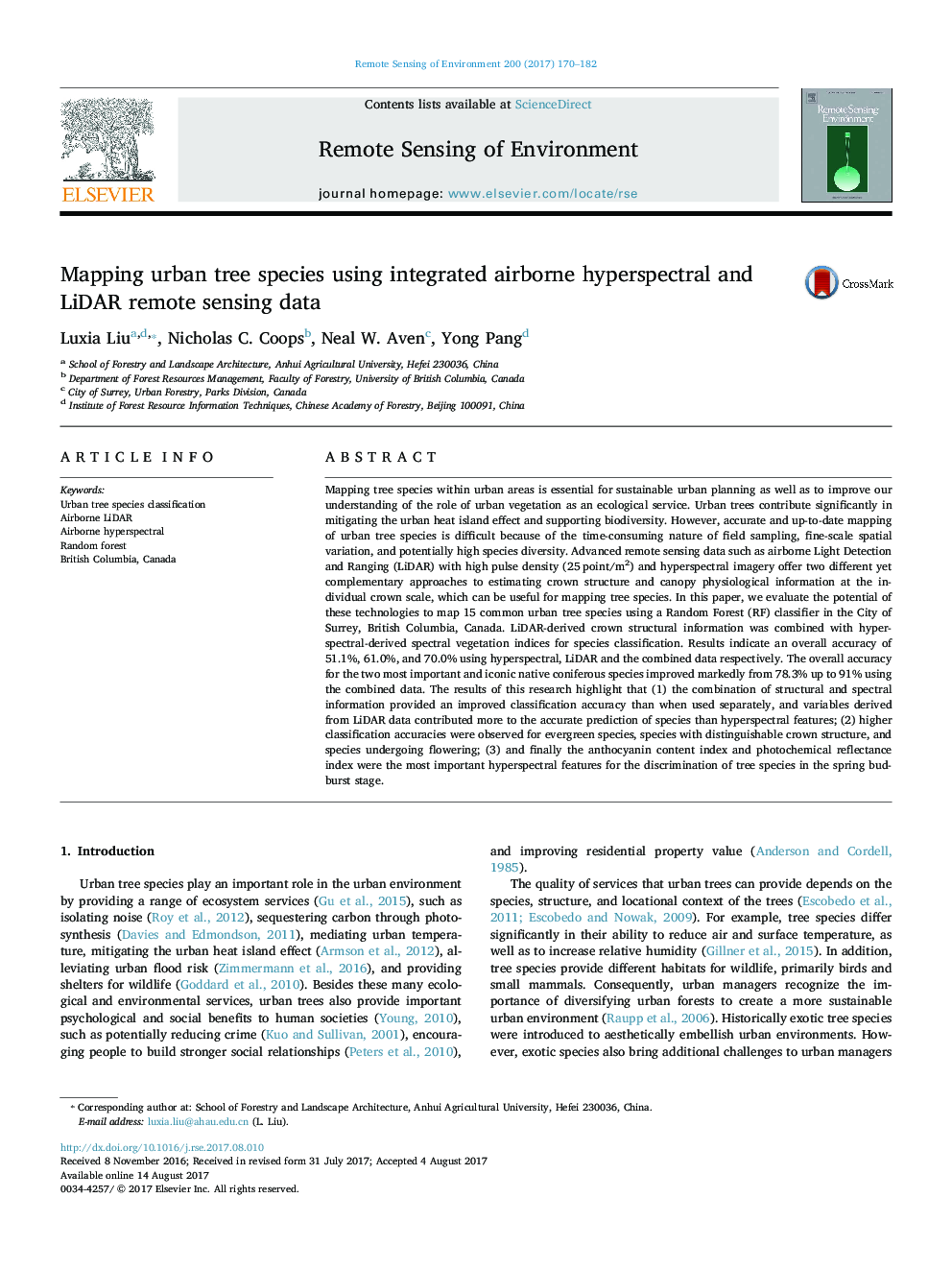 Mapping urban tree species using integrated airborne hyperspectral and LiDAR remote sensing data