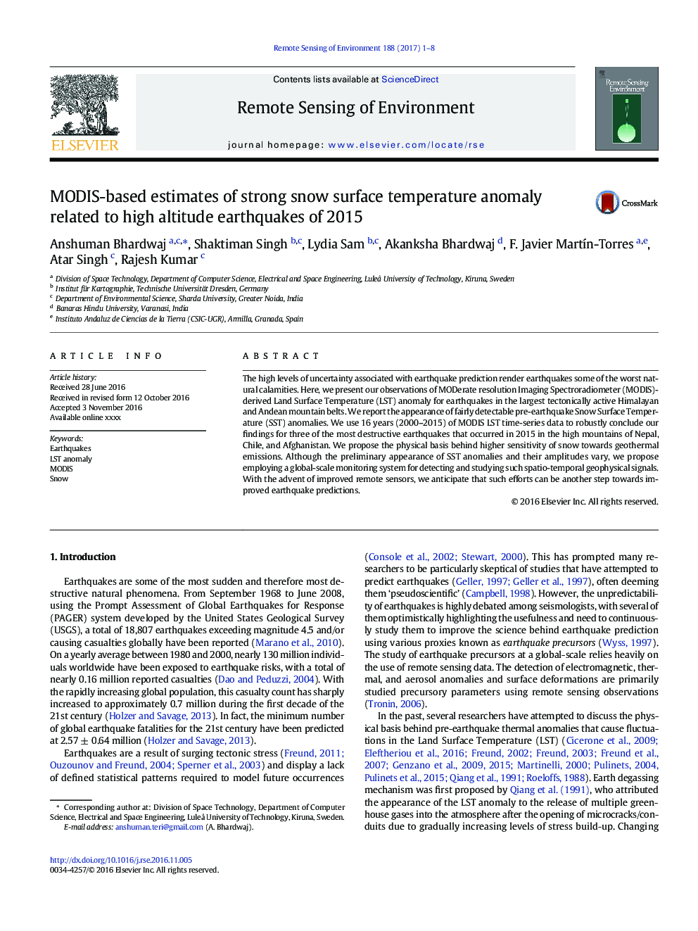 MODIS-based estimates of strong snow surface temperature anomaly related to high altitude earthquakes of 2015