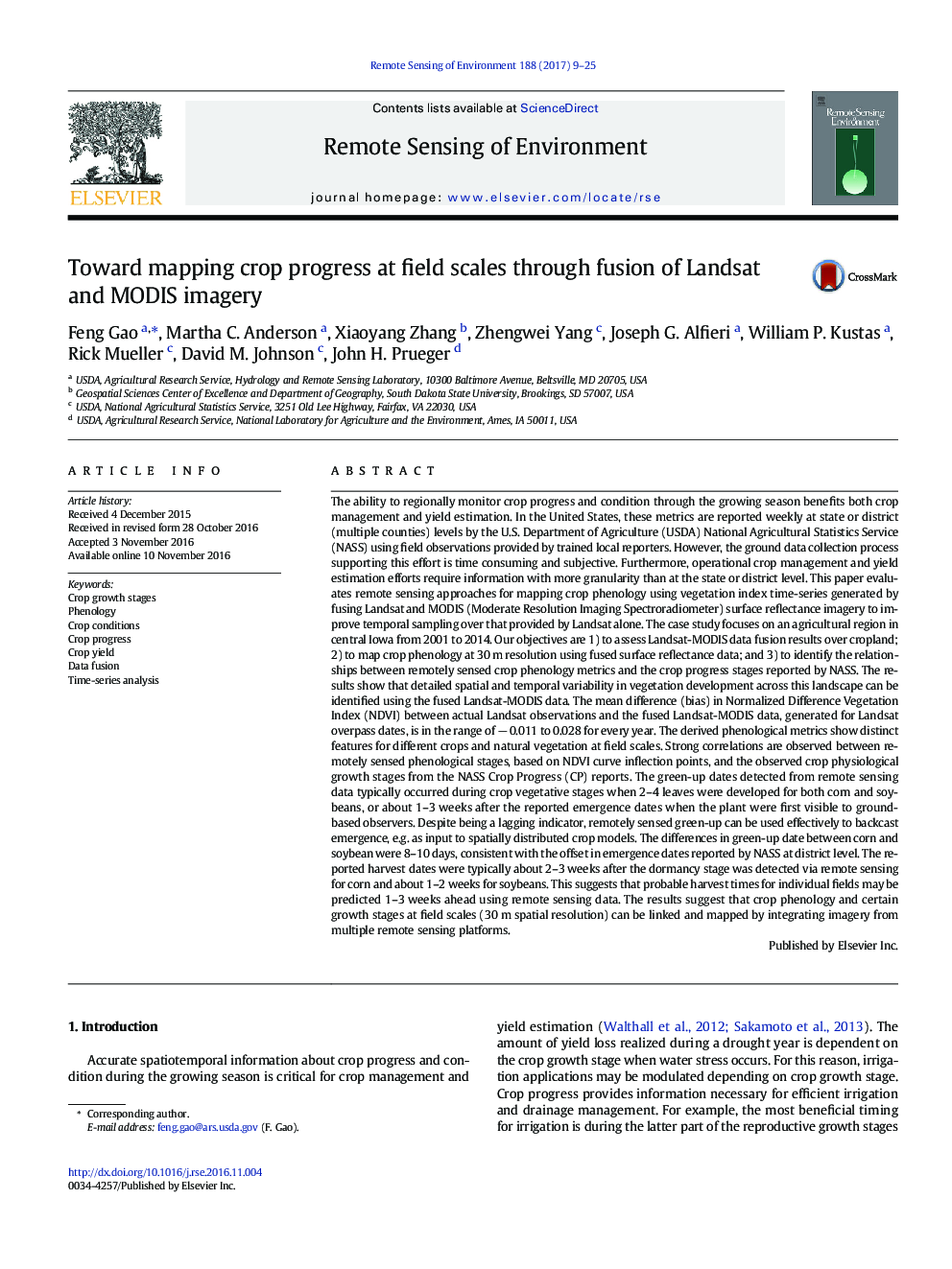 Toward mapping crop progress at field scales through fusion of Landsat and MODIS imagery