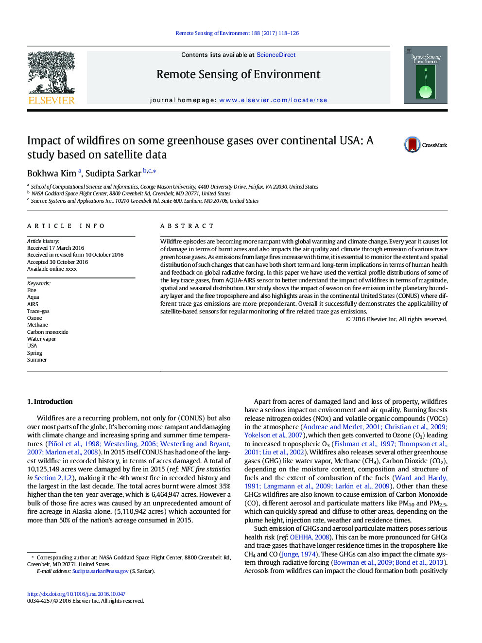 Impact of wildfires on some greenhouse gases over continental USA: A study based on satellite data