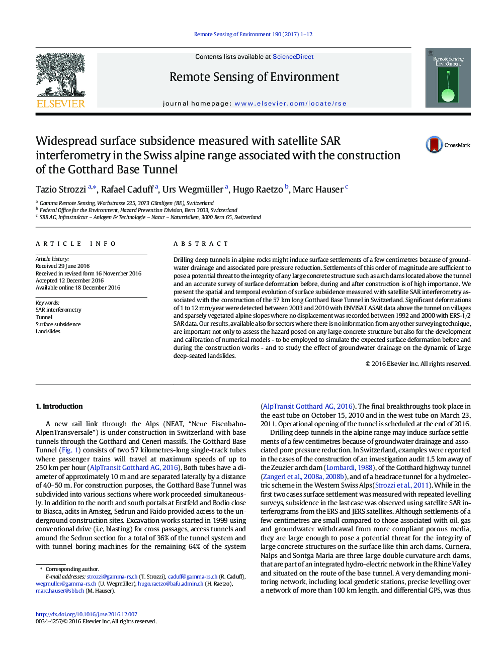 Widespread surface subsidence measured with satellite SAR interferometry in the Swiss alpine range associated with the construction of the Gotthard Base Tunnel