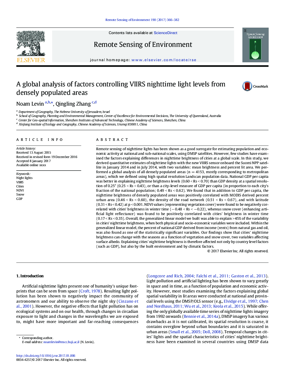 A global analysis of factors controlling VIIRS nighttime light levels from densely populated areas