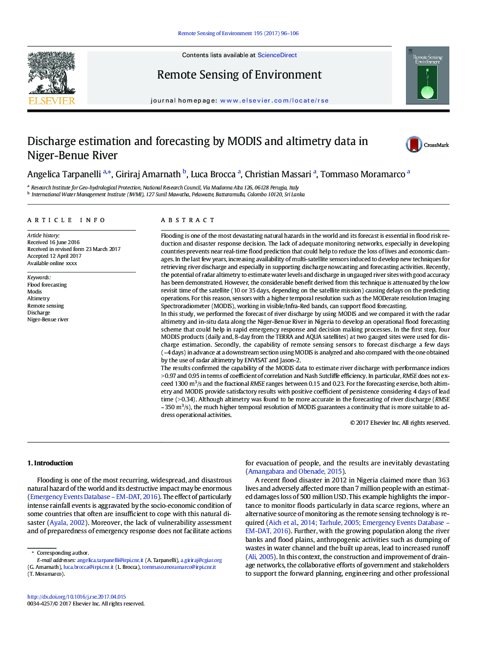 Discharge estimation and forecasting by MODIS and altimetry data in Niger-Benue River