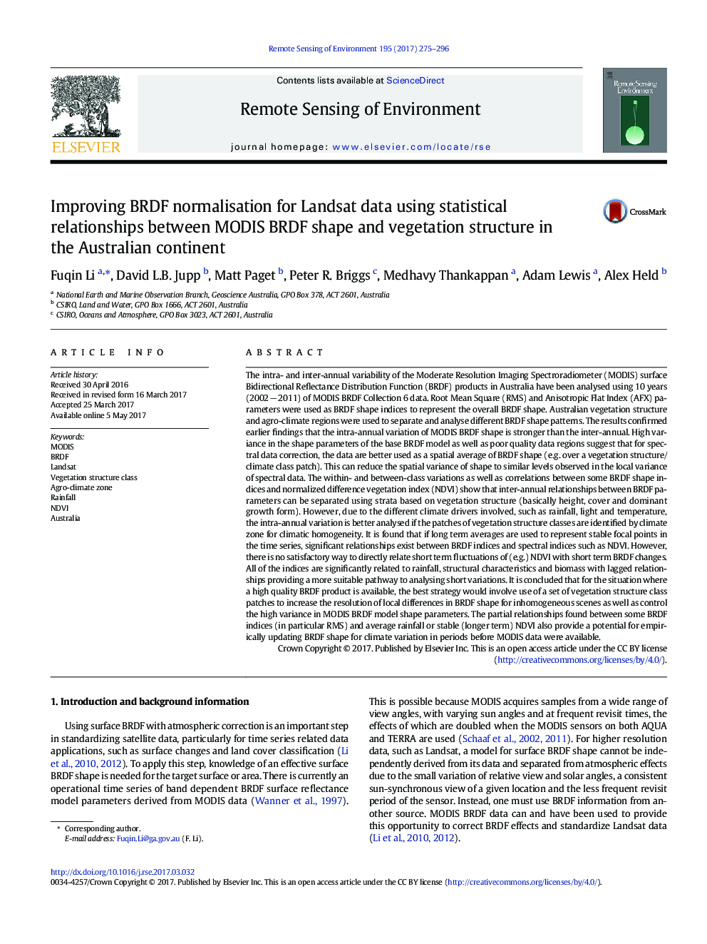 Improving BRDF normalisation for Landsat data using statistical relationships between MODIS BRDF shape and vegetation structure in the Australian continent