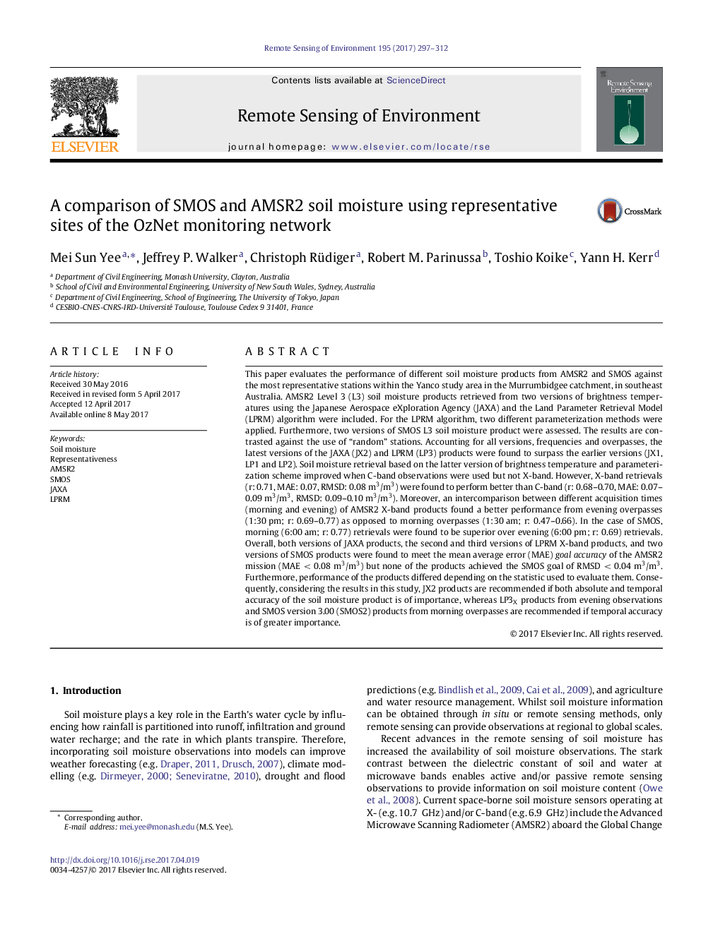 A comparison of SMOS and AMSR2 soil moisture using representative sites of the OzNet monitoring network