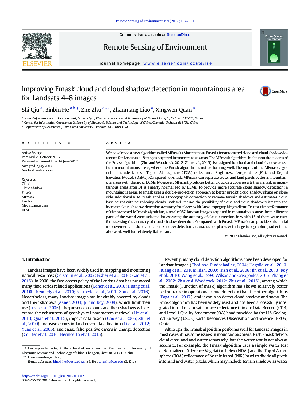 Improving Fmask cloud and cloud shadow detection in mountainous area for Landsats 4-8 images