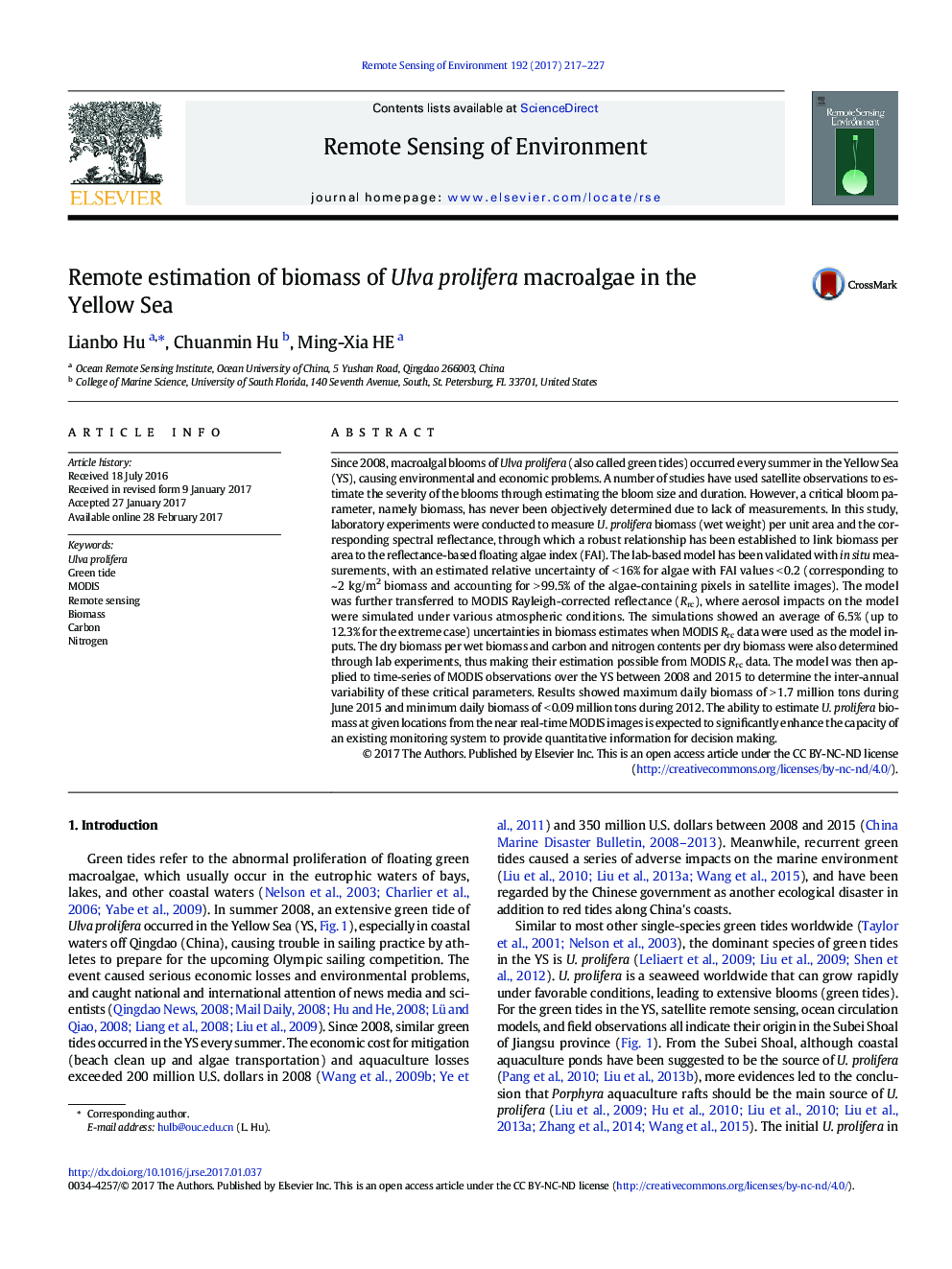 Remote estimation of biomass of Ulva prolifera macroalgae in the Yellow Sea