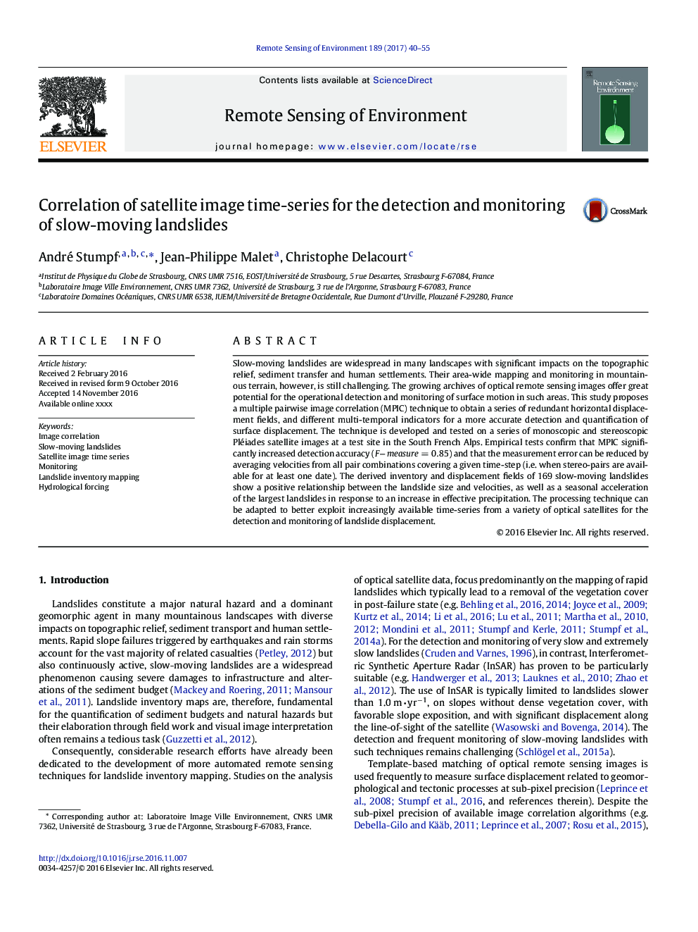 Correlation of satellite image time-series for the detection and monitoring of slow-moving landslides