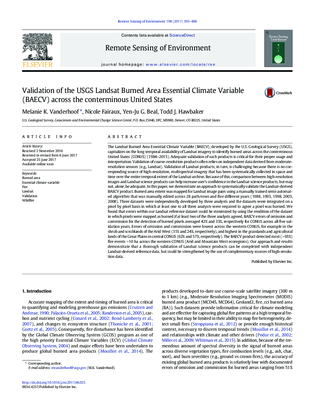 Validation of the USGS Landsat Burned Area Essential Climate Variable (BAECV) across the conterminous United States