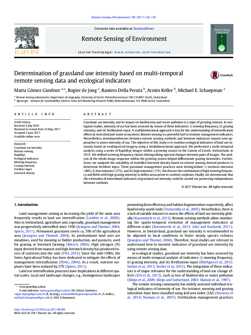 Determination of grassland use intensity based on multi-temporal remote sensing data and ecological indicators