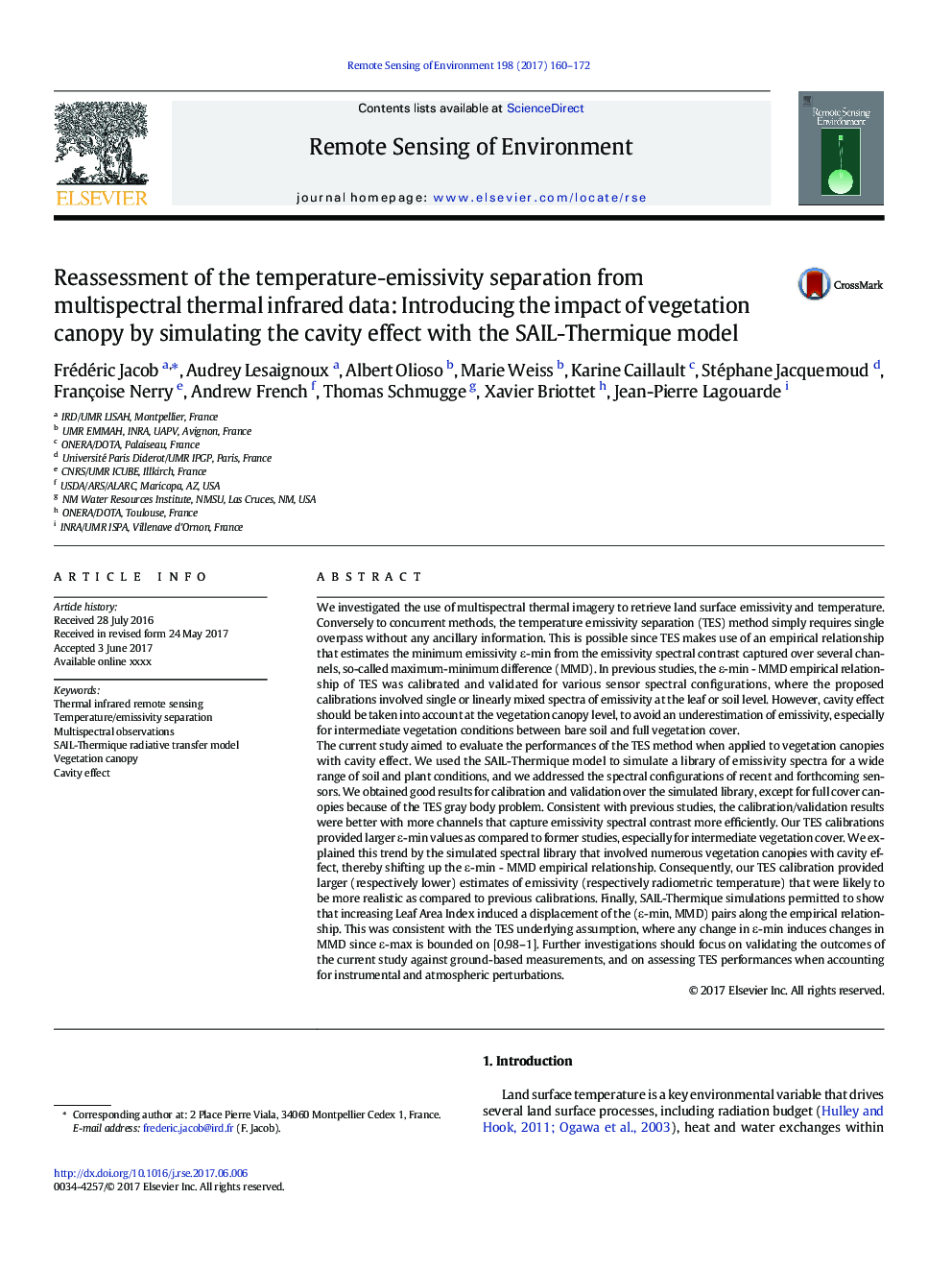 Reassessment of the temperature-emissivity separation from multispectral thermal infrared data: Introducing the impact of vegetation canopy by simulating the cavity effect with the SAIL-Thermique model